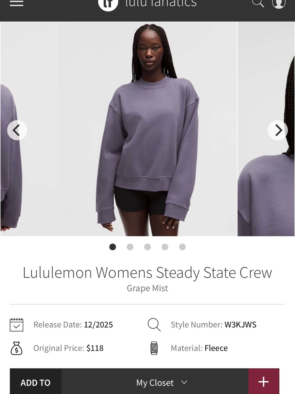 NWT Lululemon Womens Steady State Crew Grape Mist Size XS